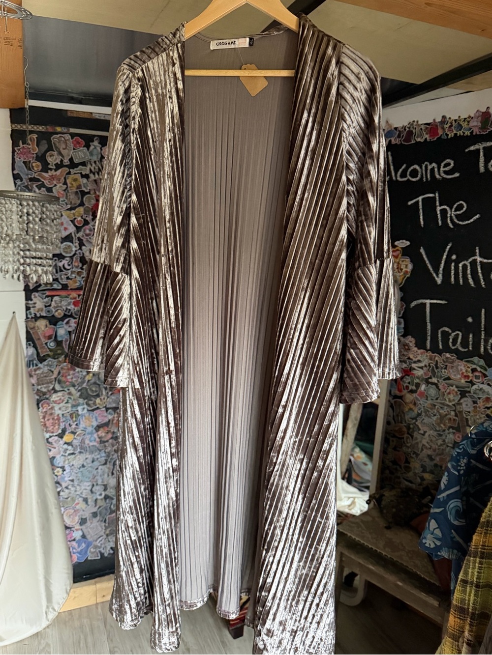Crushed Velvet Longline Duster Coat - Silver